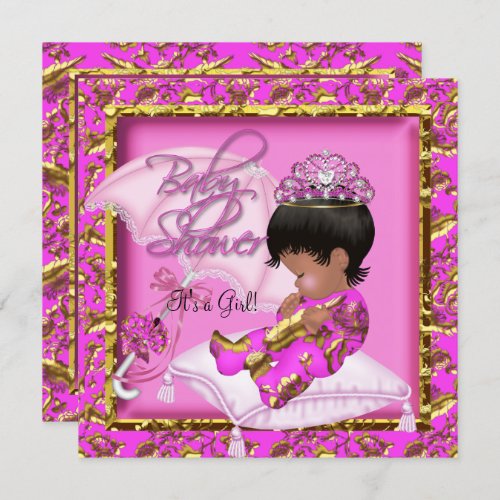 Cute African American Baby Shower Pink Gold Invitation