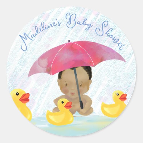 Cute African American Baby Shower Rubber Ducky Classic Round Sticker