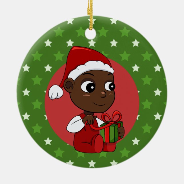 Cute African American baby with a Christmas hat Ceramic Ornament (Back)