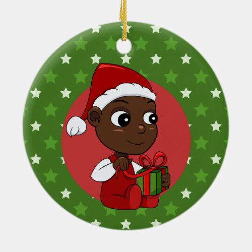 Cute African American baby with a Christmas hat Ceramic Ornament