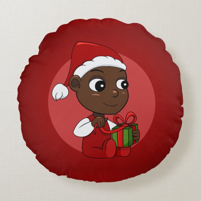 Cute African American baby with a Christmas hat Round Pillow (Front)