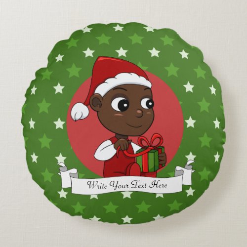 Cute African American baby with a Christmas hat Round Pillow