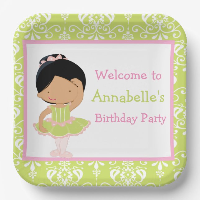 Cute African American Ballerina Birthday Paper Plates (Front)