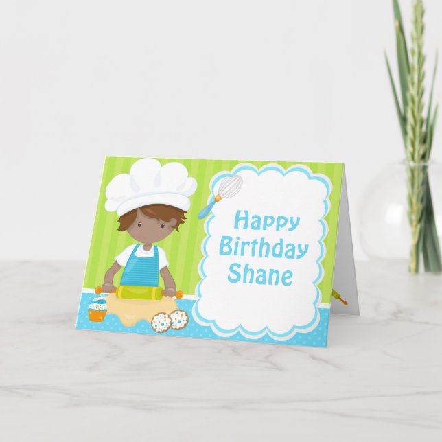Cute African American Boy Baking Birthday Party Card (Front)