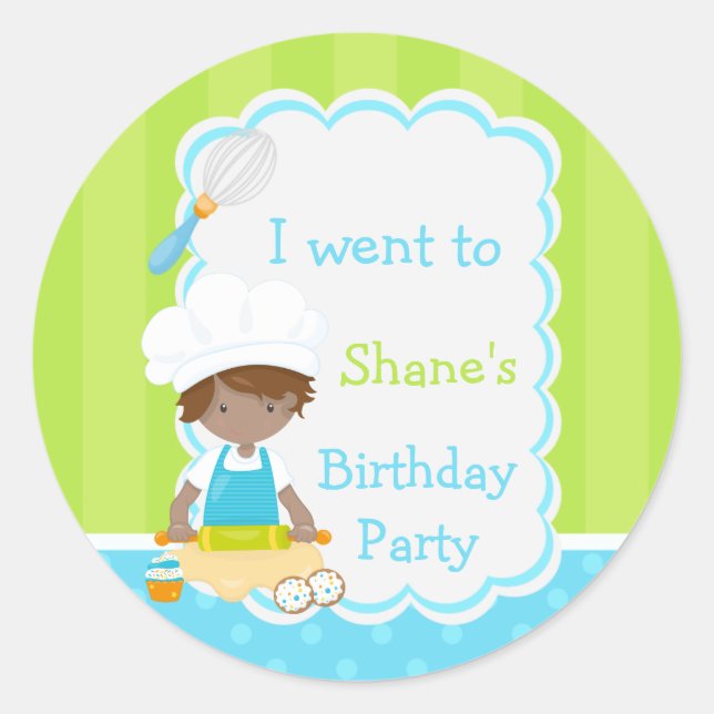 Cute African American Boy Baking Birthday Party Classic Round Sticker (Front)