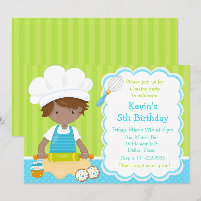 Cute African American Boy Baking Birthday Party Invitation (Front/Back)