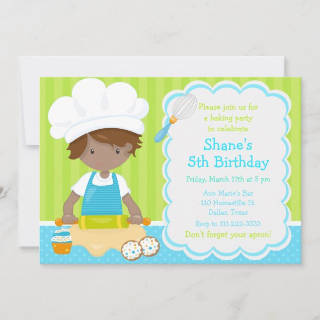 Cute African American Boy Baking Birthday Party Invitation (Front)