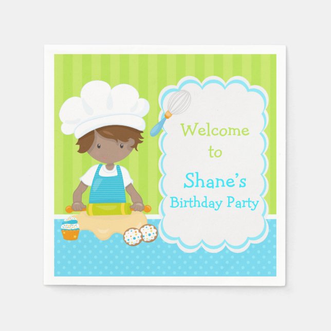 Cute African American Boy Baking Birthday Party Napkins (Front)