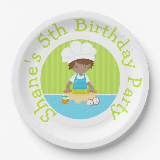 Cute African American Boy Baking Birthday Party Paper Plates (Front)