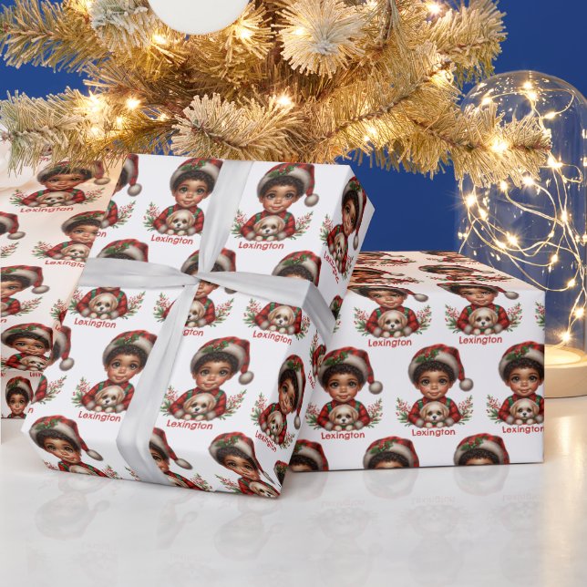 Cute African American Boy & Puppy Christmas Wrapping Paper (Holidays)