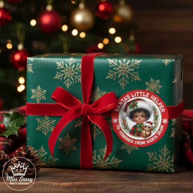 Cute African American Boy & Puppy Classic Round Sticker (Large Round Sticker: Santa's Little Helper African American Boy Sticker in Red and Green Flannel. )