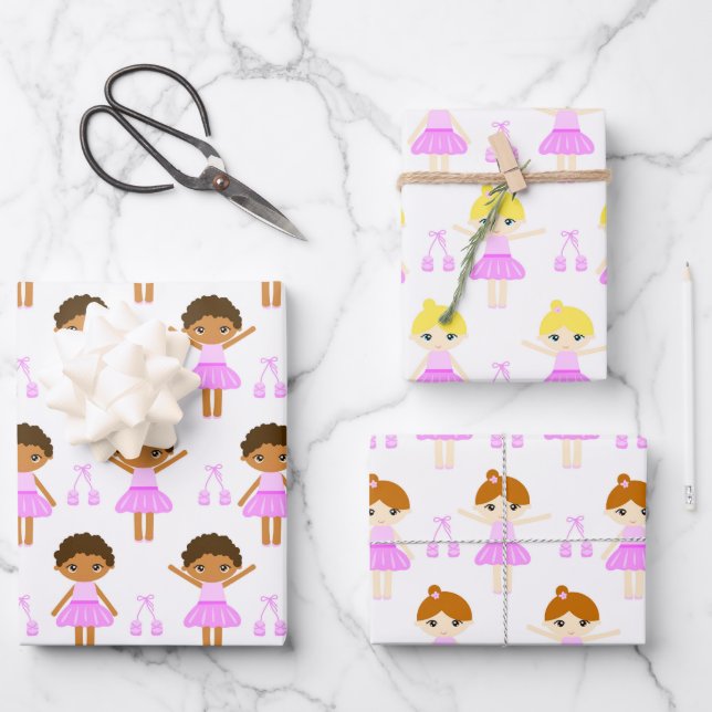 Cute African American, brunette, blond Ballerina Wrapping Paper Sheets (Front)