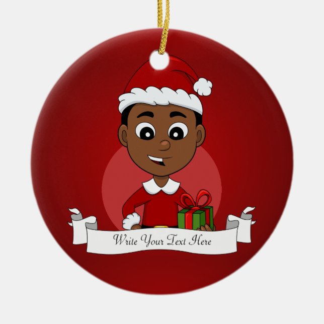 Cute African American Christmas boy cartoon Ceramic Ornament (Front)