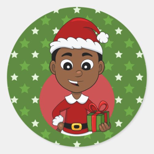 Cute African American Christmas boy cartoon Classic Round Sticker