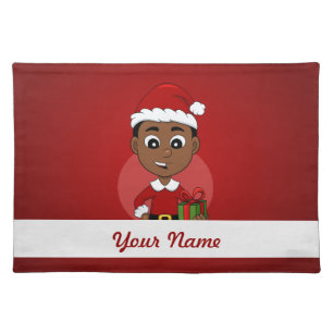 Cute African American Christmas boy cartoon Cloth Placemat