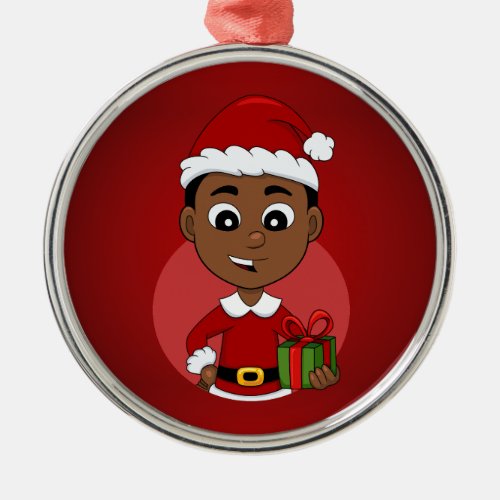 Cute African American Christmas boy cartoon Metal Ornament