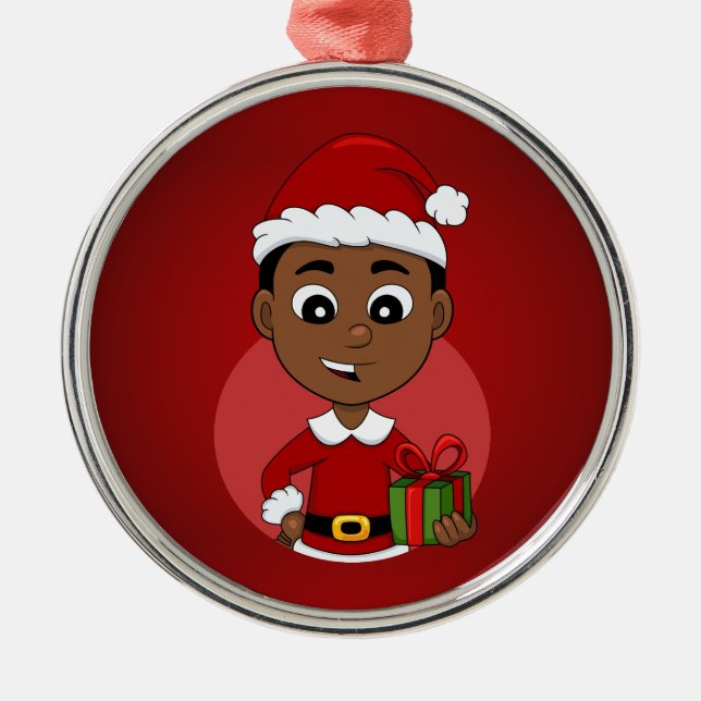 Cute African American Christmas boy cartoon Metal Ornament (Front)