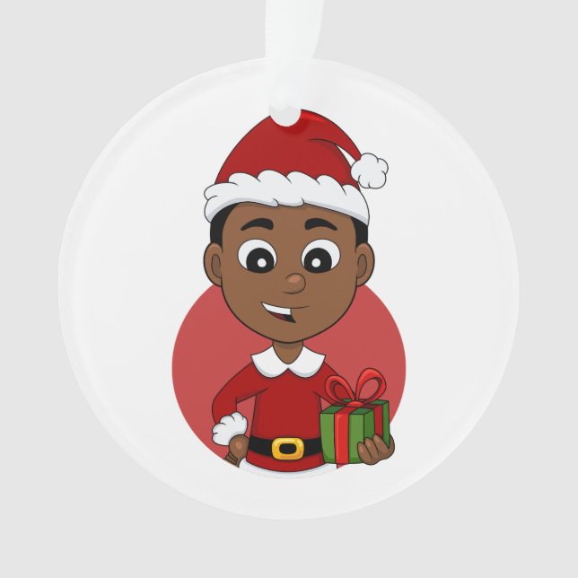 Cute African American Christmas boy cartoon Ornament (Front)