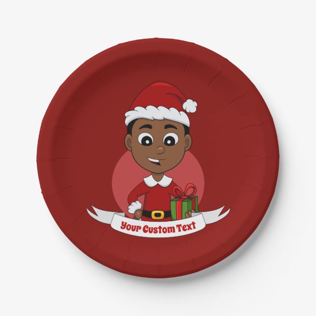 Cute African American Christmas boy cartoon Paper Plates (Front)
