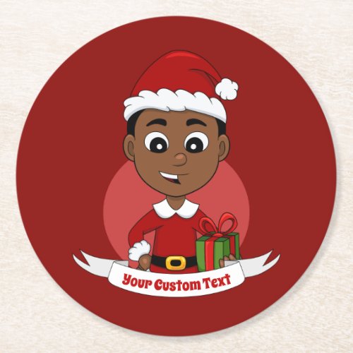 Cute African American Christmas boy cartoon Round Paper Coaster