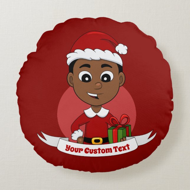 Cute African American Christmas boy cartoon Round Pillow (Front)