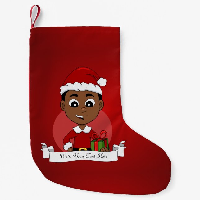 Cute African American Christmas boy cartoon Small Christmas Stocking (Front)