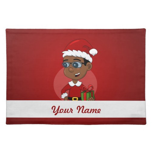 Cute African American Christmas boy with glasses Cloth Placemat