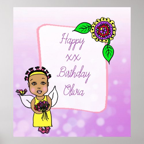 Cute African_American Fairy Girl Happy Birthday Poster