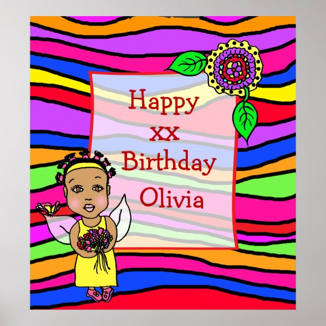 Cute African-American Fairy Girl Happy Birthday Poster (Front)