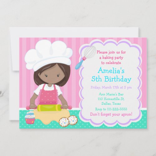 Cute African American Girl Baking Birthday Party Invitation