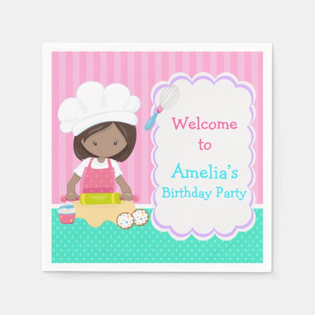 Cute African American Girl Baking Birthday Party Napkins (Front)