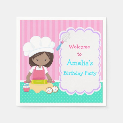 Cute African American Girl Baking Birthday Party Paper Napkins