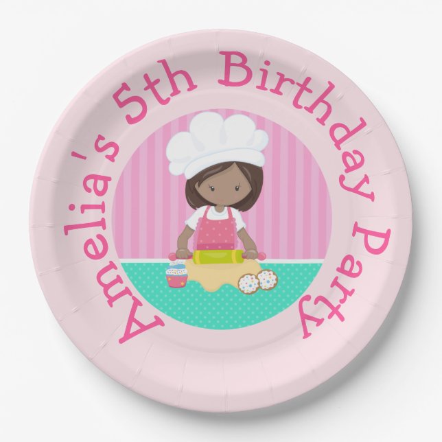 Cute African American Girl Baking Birthday Party Paper Plates (Front)