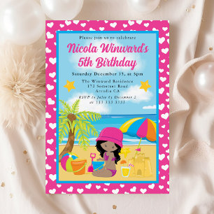 Cute African American Girl Beach Kids Birthday Invitation