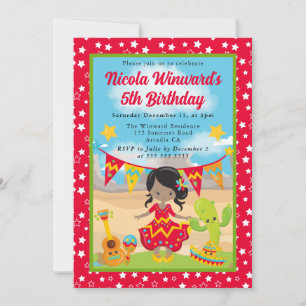 Cute African American Girl Fiesta Kids Birthday Invitation