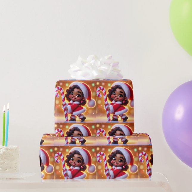 Cute African American Girl in Santa Attire Wrapping Paper (Party Gifts)