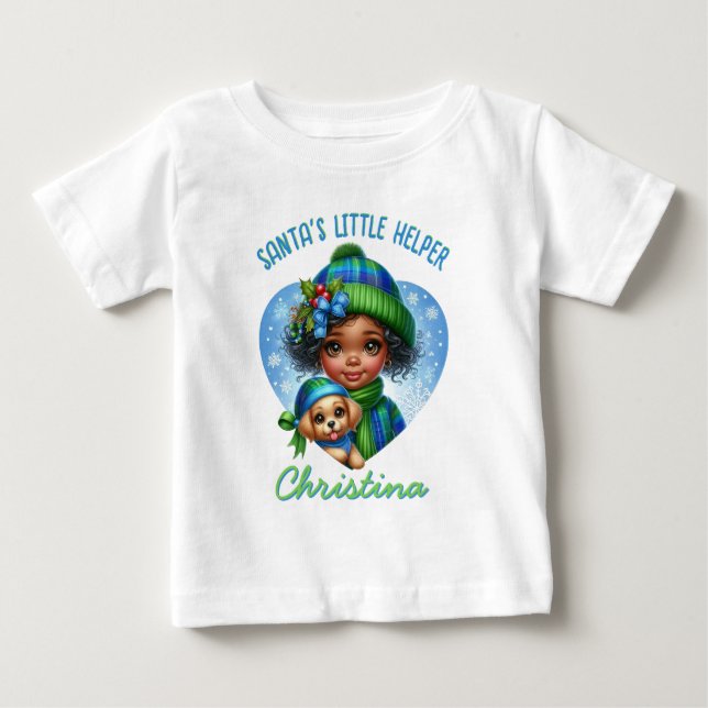 Cute African American Girl with Puppy Winter Baby T-Shirt (Front)