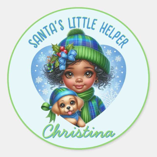 Cute African American Girl with Puppy Winter Classic Round Sticker (Front)