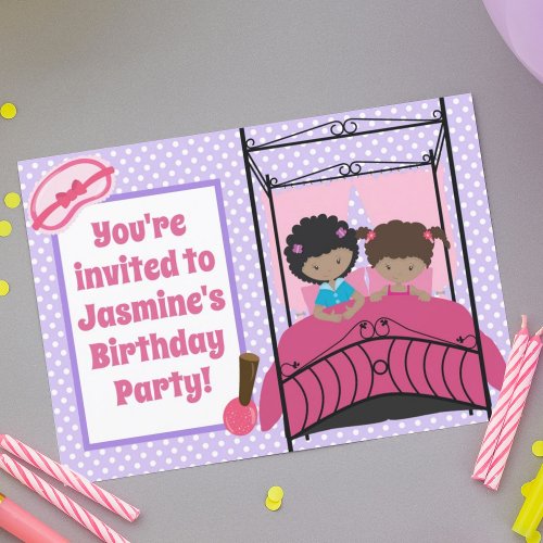 Cute African American Girls Slumber Party Birthday Invitation