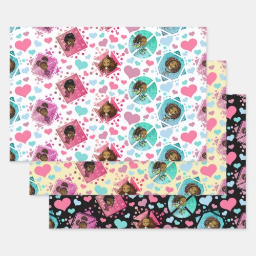 Cute African American Girls with Hearts Pattern Wrapping Paper Sheets