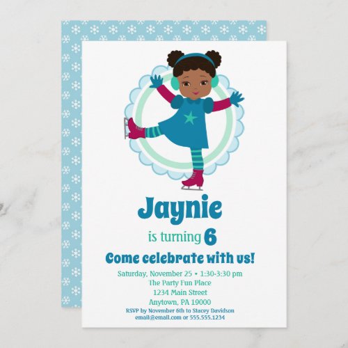 Cute African American Ice Skating Birthday Party Invitation