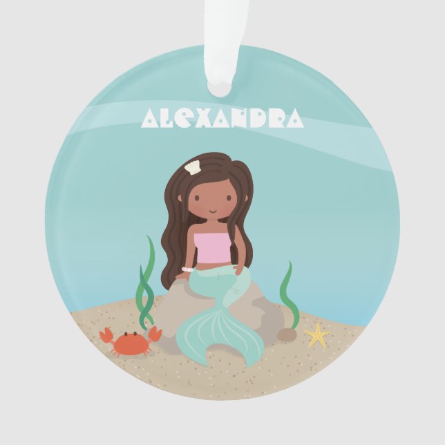 Cute African American Little Mermaid Girl Ornament (Front)