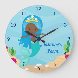 Cute African American Mermaid Beach Girl Kids Room Large Clock