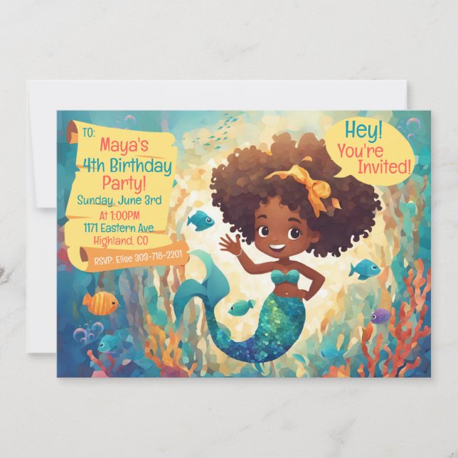 Cute African American Mermaid Birthday Invitation (Front)
