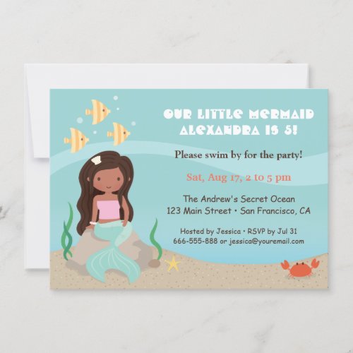 Cute African American Mermaid Girls Birthday Party Invitation