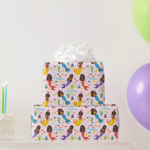 Cute African American Mermaids Waves Starfish Sea Wrapping Paper