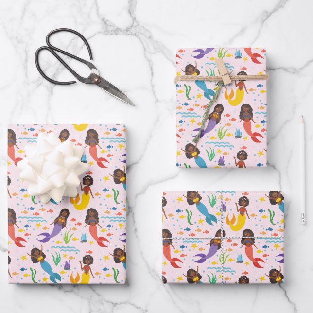 Cute African American Mermaids Waves Starfish Sea Wrapping Paper Sheets (Front)