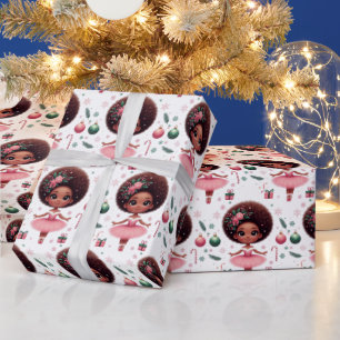 Cute African American Pink Ballerina Christmas Wrapping Paper