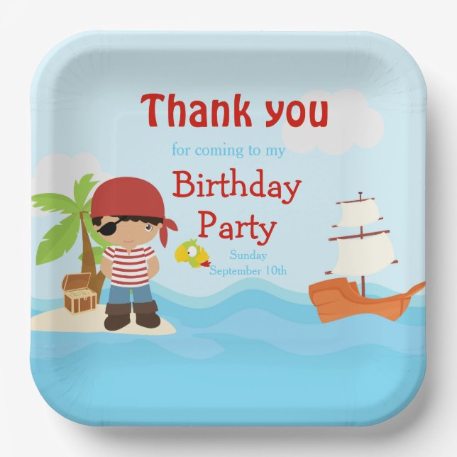 Cute African American Pirate Boy in Red Birthday Paper Plates (Front)