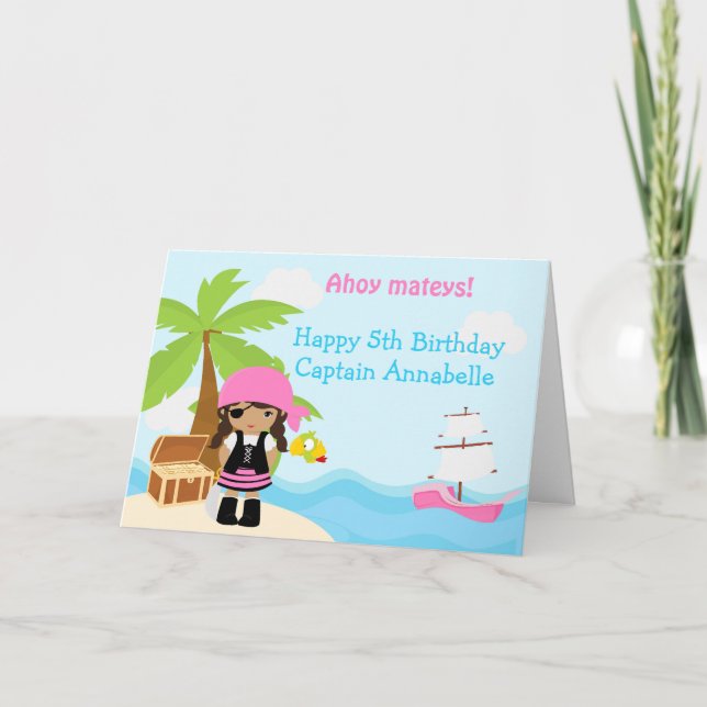 Cute African American Pirate Girl Birthday Party Card (Front)